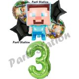 Parti Station Minecraft Balon 3 Yaş Doğum Günü Set Minecraft Konsept Yıldız Balon Ve Yeşil Rakam Balon