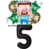 Parti Station Minecraft Balon 5 Yaş Doğum Günü Set Minecraft Konsept Yıldız Balon Ve Siyah Rakam Balon