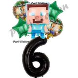 Parti Station Minecraft Balon 6 Yaş Doğum Günü Set Minecraft Konsept Yıldız Balon Ve Siyah Rakam Balon