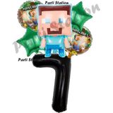 Parti Station Minecraft Balon 7 Yaş Doğum Günü Set Minecraft Konsept Yıldız Balon Ve Siyah Rakam Balon