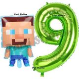 Parti Station Minecraft Balon 9 Yaş Doğum Günü Set Minecraft Konsept Balon Ve Yeşil Rakam Balon