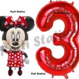 Parti Station Minnie Mouse 3 Yaş Doğum Günü Set Minnie Mouse Konsept Balon Ve Kırmızı Rakam Balon Set