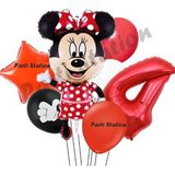 Parti Station Minnie Mouse 4 Yaş Doğum Günü Set Minnie Mouse Konsept Balon Ve Kırmızı Rakam Balon