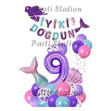 Parti Station Mor Deniz Kızı Mermaid Temalı 9 Yaş Balon Seti Doğum Günü Dekorasyonu PSMORDENZ