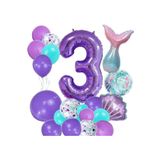 Parti Station Mor Rakam Balon 3 Yaş Deniz Kızı Temalı Doğum Günü Parti Kutlama Seti Konsept 1