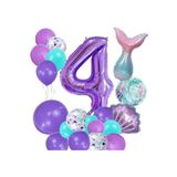 Parti Station Mor Rakam Balon 4 Yaş Deniz Kızı Temalı Doğum Günü Parti Kutlama Seti Konsept 1