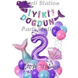 Parti Station Mor Rakam Balon Deniz Kızı Konsept Parti 2 Yaş Balon Set Mermaid Doğum Günü Balon Set Deniz Kızı