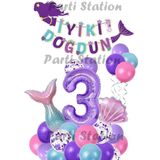 Parti Station Mor Rakam Balon Deniz Kızı Konsept Parti 3 Yaş Balon Set Mermaid Doğum Günü Balon Set Deniz Kızı