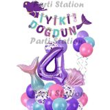 Parti Station Mor Rakam Balon Deniz Kızı Konsept Parti 4 Yaş Balon Set Mermaid Doğum Günü Balon Set Deniz Kızı