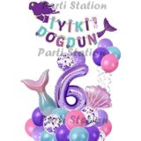 Parti Station Mor Rakam Balon Deniz Kızı Konsept Parti 6 Yaş Balon Set Mermaid Doğum Günü Balon Set Deniz Kızı