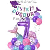 Parti Station Mor Rakam Balon Deniz Kızı Konsept Parti 7 Yaş Balon Set Mermaid Doğum Günü Balon Set Deniz Kızı