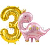 Parti Station Pembe Dinozor 3 Yaş Gold Renk Rakam Balon Set Sevimli Pembe Dinozor Konsept Doğum Günü Balon Set