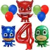 Parti Station Pijamaskeliler 4 Yaş Kırmızı Rakam Balon Set Pjmasks Konsept Balon Set Pijamaskeli Doğum Günü Set