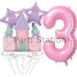 Parti Station Prenses Konsept 3 Yaş Pembe Renk Rakam Balon Set Prenses Evi Şato Balon Konsept Doğum Günü Balon Set