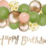 Parti Station Rosegold Renk Kaligrafi Happy Birthday Banner ve Küf Yeşili Rosegold Somon Lateks Balon Set