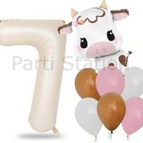 Parti Station Safari Konsept Sevimli İnek Ve Krem Renk Rakam Balon 1 Yaş Set Safari İnek Konsept Doğum Günü Balon