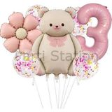 Parti Station Sevimli Ayıcık 3 Yaş Balon Set Retro Pembe Ayıcık Konsept Doğum Günü Set