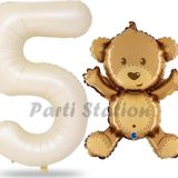 Parti Station Sevimli Ayıcık Balon 5 Yaş Balon Set Woodland Konsept Ayı Balon Ve Gold Renk Rakam Balon
