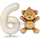 Parti Station Sevimli Ayıcık Balon 6 Yaş Balon Set Woodland Konsept Ayı Balon Ve Gold Renk Rakam Balon