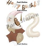 Parti Station Sevimli Ayıcık Krem Renk Rakam Balon Set 2 Yaş Ay Dede Uyuyan Ayıcıklı Happy Birthday Balon Set