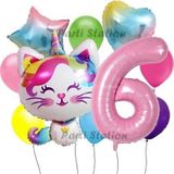 Parti Station Unicorn Kedi Kitty Konsept 6 Yaş Doğum Günü Parti Balon Set Sevimli Unicorn Kedi Tema Parti Set