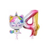 Parti Station Unicorn Kedi Renkli Folyo 4 Yaş Doğum Günü Balon Set PSUNICATPS
