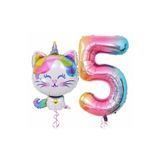 Parti Station Unicorn Kedi Renkli Folyo 5 Yaş Doğum Günü Balon Set PSUNICATPS