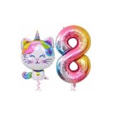 Parti Station Unicorn Kedi Renkli Folyo 8 Yaş Doğum Günü Balon Set PSUNICATPS
