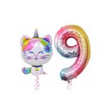 Parti Station Unicorn Kedi Renkli Folyo 9 Yaş Doğum Günü Balon Set PSUNICATPS