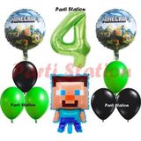 Parti Station Yeşil Rakam Balonlu Minecraft Konsept Doğum Günü 4 Yaş Balon Set Minecraft Yeşil Siyah Balon Set