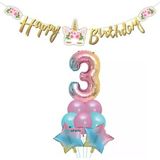 Parti Sürprizi Çiçekli Unicorn 3 Yaş Gökkuşağı Balon Set
