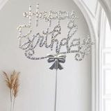 Parti Sürprizi Gümüş Happy Birthday Lüx Taşlı Pasta Süsü