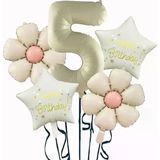 Parti Sürprizi Krem Papatya 5 Yaş Happy Birthday Yıldız Rakam Folyo Balon Set