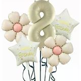 Parti Sürprizi Krem Papatya 8 Yaş Happy Birthday Yıldız Rakam Folyo Balon Set