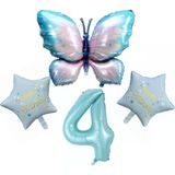 Parti Sürprizi Mavi Kelebekli Happy Birthday 4 Yaş Folyo Balon Set