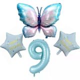 Parti Sürprizi Mavi Kelebekli Happy Birthday 9 Yaş Folyo Balon Set
