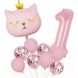 Parti Sürprizi Taçlı Pembe Kedi 1 Yaş Folyo Balon Set