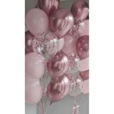 Parti Zamanı Krom Pembe ve Pudra Tonlarında Şeffaf Konfetili Lüks Balon Seti 15 Adet