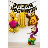 PARTİAVM 1 Yaş Maşa ve Koca Ayı Altın Rakam Balonlu Doğum Günü Balon Seti Happy Birthday Banner