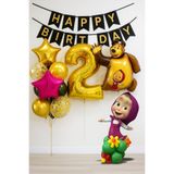 PARTİAVM 2 Yaş Maşa ve Koca Ayı Altın Rakam Balonlu Doğum Günü Balon Seti Happy Birthday Banner