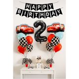 PARTİAVM 2 Yaş Şimşek Araba Doğum Günü Parti Seti Siyah Rakam Balon Happy Birthday Banner Arabalar Set