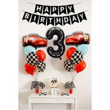 PARTİAVM 3 Yaş Şimşek Araba Doğum Günü Parti Seti Siyah Rakam Balon Happy Birthday Banner Arabalar Set
