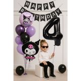 PARTİAVM 4 Yaş Kuromi Temalı Doğum Günü Balon Seti Siyah Rakam Happy Birthday Banner Uçan Balon