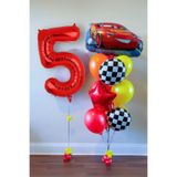 PARTİAVM 5 Yaş Cars Arabalar Şimşek Mcqueen Yarış Arabası Konsept Balon Kırmızı Kırmızı Rakam Doğum Günü Seti