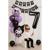 PARTİAVM 7 Yaş Kuromi Temalı Doğum Günü Balon Seti Siyah Rakam Happy Birthday Banner Uçan Balon