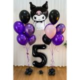 PARTİAVM Kuromi 5 Yaş Doğum Günü Balon Seti Siyah Rakam Pembe Metalik Mor Siyah Helyum Uyumlu Uçan Balon