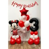 PARTİAVM Minnie Mouse Temalı 3 Yaş İçin Siyah Rakamlı Balon Standı Seti Kırmızı Tema Mini Fare Balon Seti