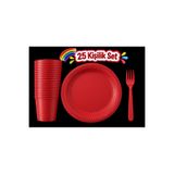 partideyince PLASTİK SERT TABAK BARDAK ÇATAL KIRMIZI RENK 25 KİŞİLİK SET plastik tabak bardak çatal seti piknik seti