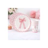 Partifabrik Fiyonk Temalı Pembe Beyaz Karton Tabak Bardak Set 8 Tabak 8 Bardak 23 cm