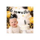 Partifabrik Yarım Yaş 6 months Siyah Simli Şapka Pasta Süsü Duvar yazısı Set